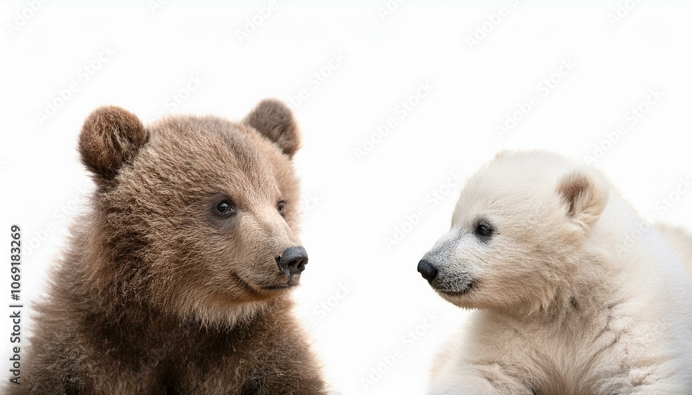 Fototapeta premium Two cubs of a brown bear and a polar bear playing with each other, white background