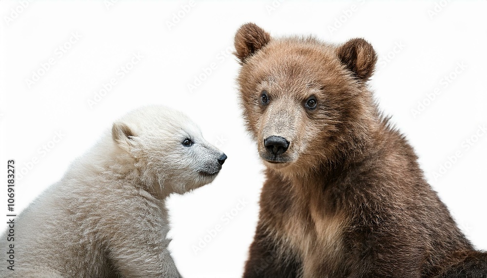 Fototapeta premium Two cubs of a brown bear and a polar bear playing with each other, white background