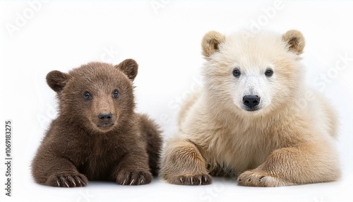 Two cubs of a brown bear and a polar bear playing with each other, white background