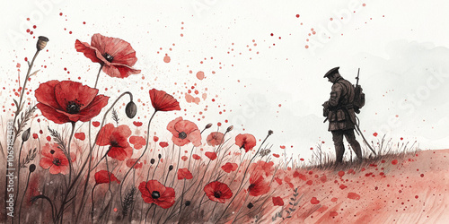 Silhouette of a World War Two soldier in a field of poppies splattered with blood