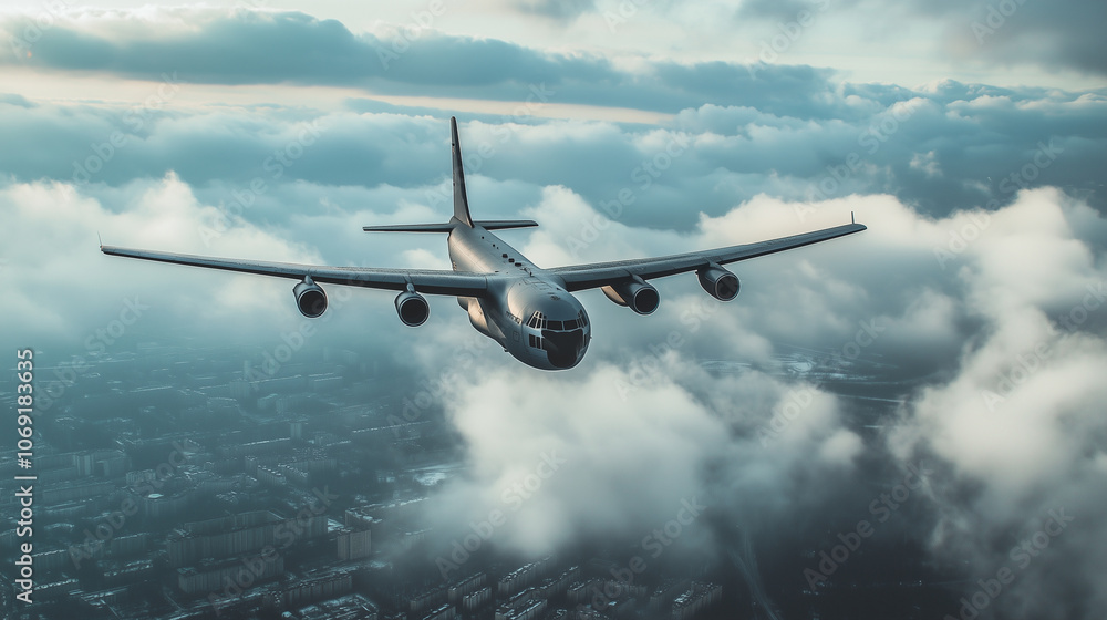 A cargo plane in mid-air with clouds around it and a city below A cargo plane in mid-air with clouds around it and a city below