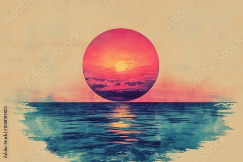 A Circular Sunset Over a Calm Ocean