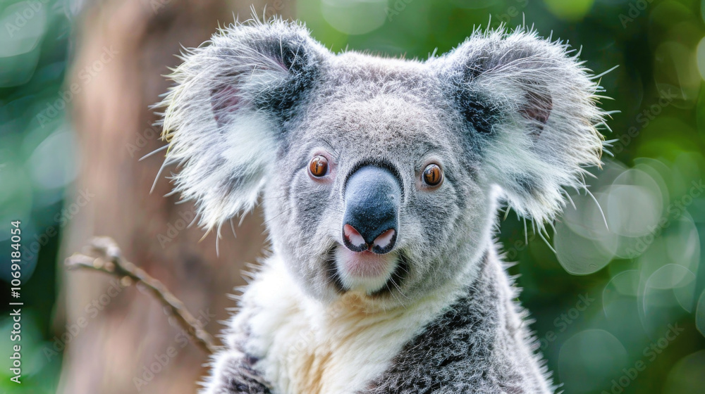Close-Up Portrait of a Koala with Fluffy Ears and Bright Eyes in a Natural Green Forest Background Close-Up Portrait of a Koala with Fluffy Ears and Bright Eyes in a Natural Green Forest Background