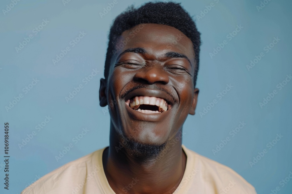 Young man laughing at funny meme showing white teeth. Young man laughing at funny meme showing white teeth.
