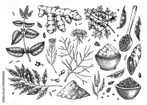 Indian cuisine herb and spice sketches set. Curry, cumin, mustard, turmeric, coriander, cloves chalk drawing. Kitchen spices hand-drawn vector illustration. NOT AI generated