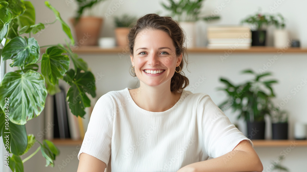 Modern lifestyle comfort: A smiling woman seated comfortably, showcasing the blend of comfort and modern living. The scene includes soft natural light, indoor greenery, and a shelf Modern lifestyle comfort: A smiling woman seated comfortably, showcasing the blend of comfort and modern living. The scene includes soft natural light, indoor greenery, and a shelf