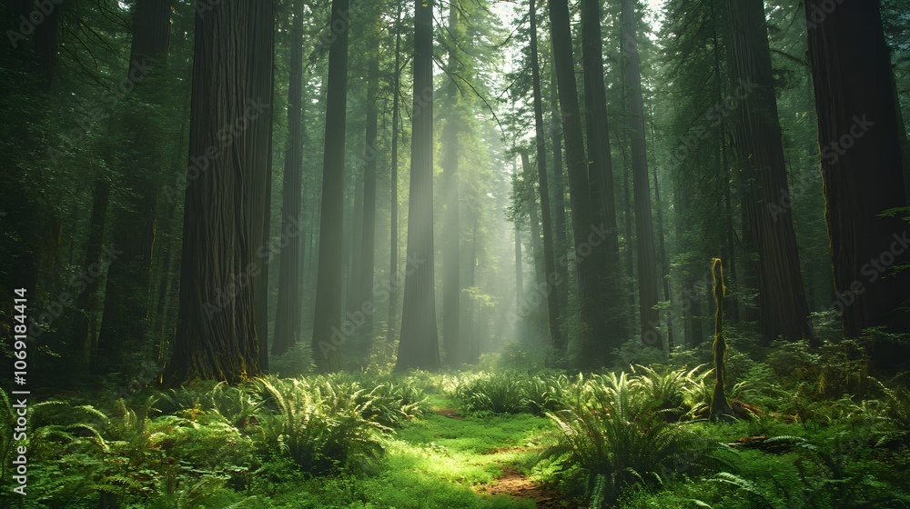 Fototapeta premium An ancient forest with towering redwoods, mist, and a lush understory.