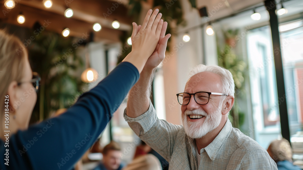 Celebratory team success: A joyful moment in a modern office where a man and a colleague high-five each other during a successful work session. The atmosphere is filled with smiles Celebratory team success: A joyful moment in a modern office where a man and a colleague high-five each other during a successful work session. The atmosphere is filled with smiles