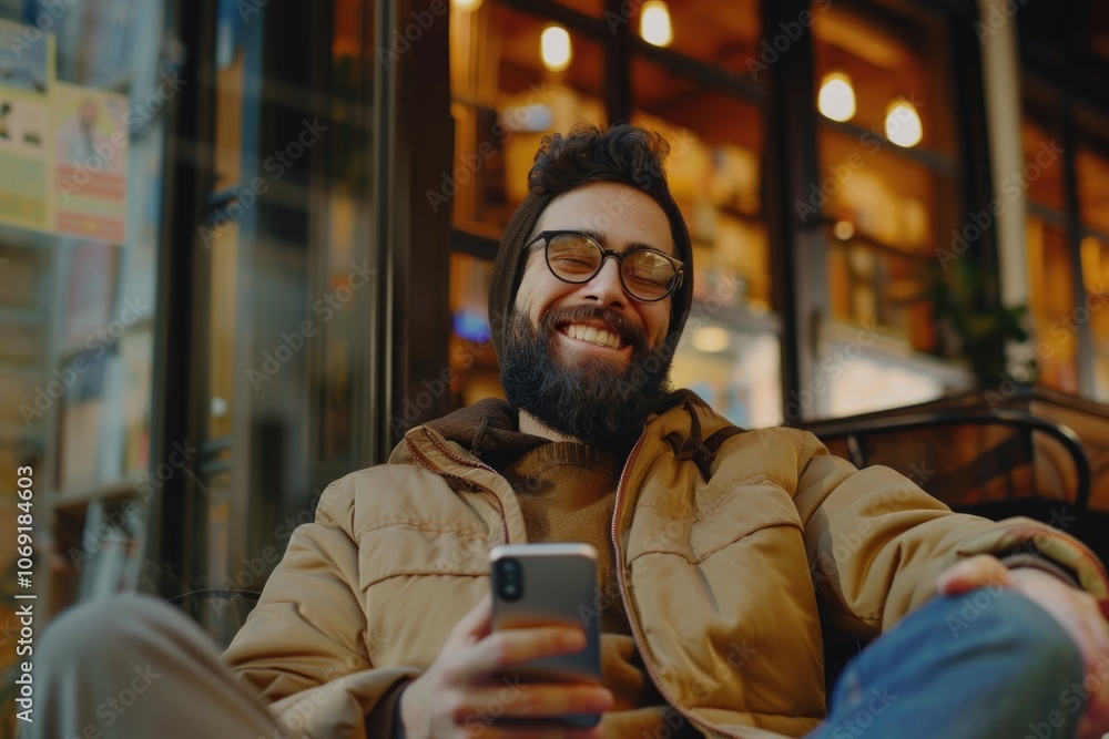 Hipster guy uses cellphone for vision correction while browsing social media.
