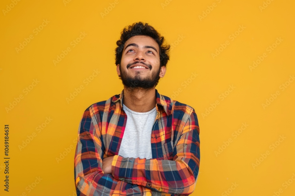 Young Indian man feeling inspired and proud on yellow background. Young Indian man feeling inspired and proud on yellow background.