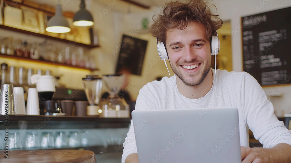 Focused freelancer at café: A focused young man working on his laptop, with a smile and earphones in a modern coffee shop. The scene embodies the freelance lifestyle and the freedo Focused freelancer at café: A focused young man working on his laptop, with a smile and earphones in a modern coffee shop. The scene embodies the freelance lifestyle and the freedo