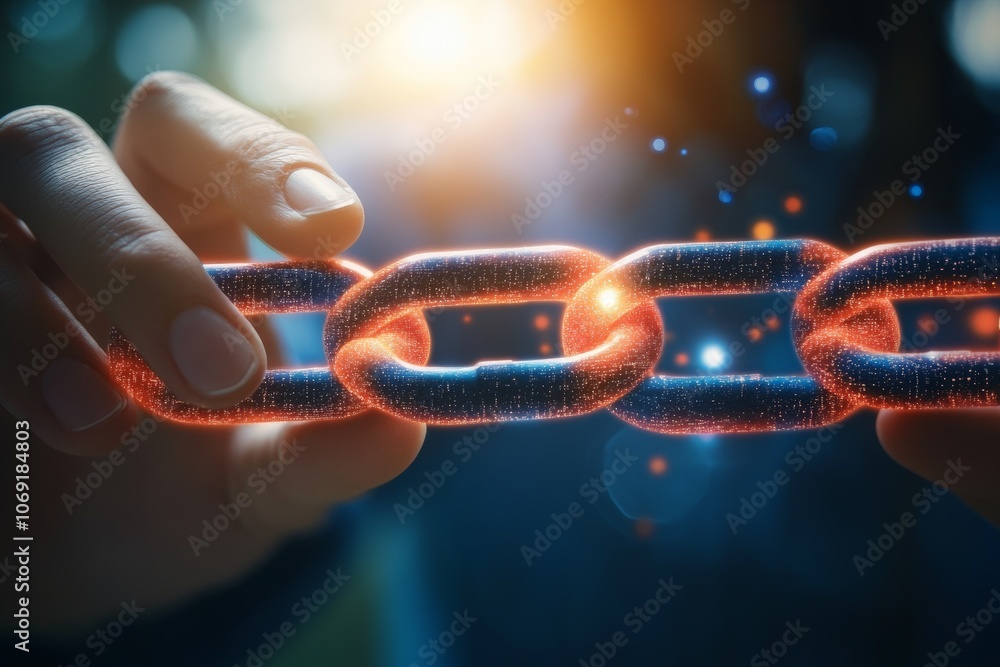 Close up of a hand holding a glowing red and blue blockchain link symbolizing contrasting digital security technological balance and high tech data connection in a cyber world Close up of a hand holding a glowing red and blue blockchain link symbolizing contrasting digital security technological balance and high tech data connection in a cyber world