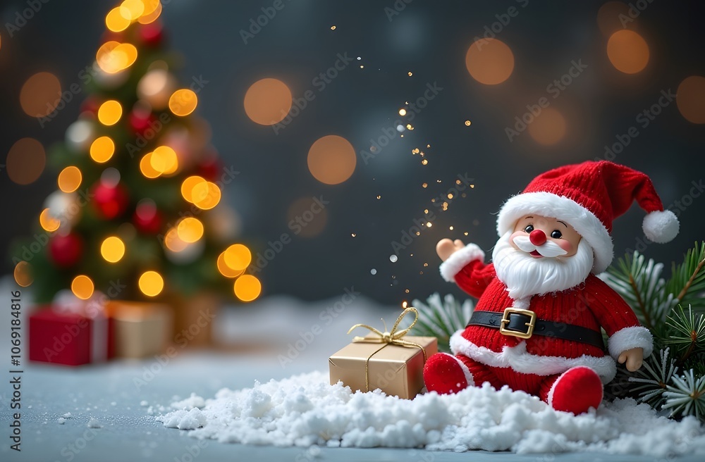 A jolly Santa Claus figurine sits in a snowy setting, accompanied by wrapped gifts. A beautifully decorated Christmas tree adds a warm glow with its lights A jolly Santa Claus figurine sits in a snowy setting, accompanied by wrapped gifts. A beautifully decorated Christmas tree adds a warm glow with its lights