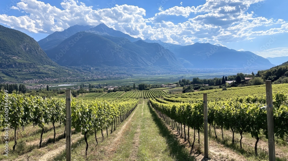 Obraz premium Vineyard Pathway Leading to Mountainous Landscape