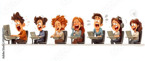 Wallpaper Mural Cartoon characters express various emotions while using computers in a row Torontodigital.ca