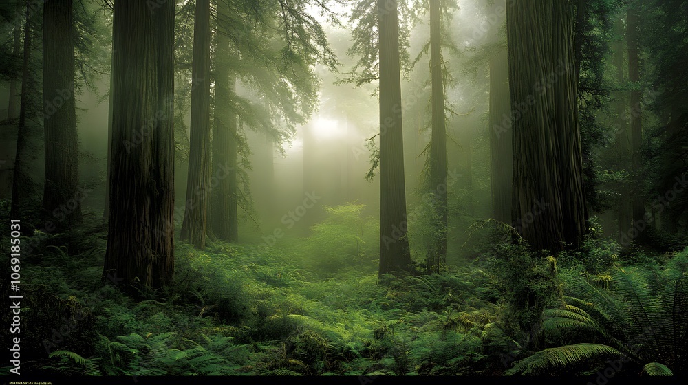 An ancient forest with towering redwoods, mist, and a lush understory. An ancient forest with towering redwoods, mist, and a lush understory.