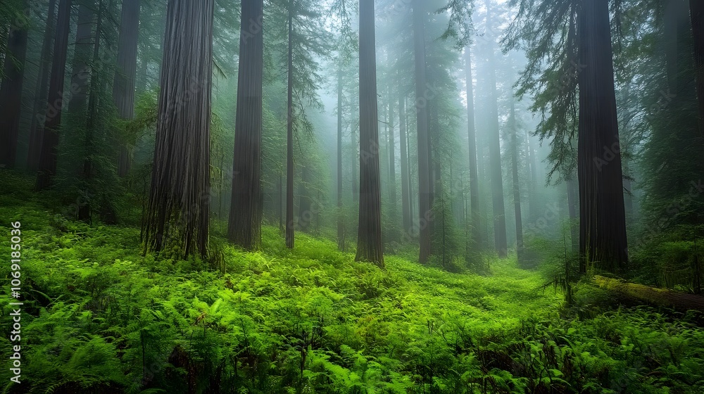 An ancient forest with towering redwoods, mist, and a lush understory. An ancient forest with towering redwoods, mist, and a lush understory.