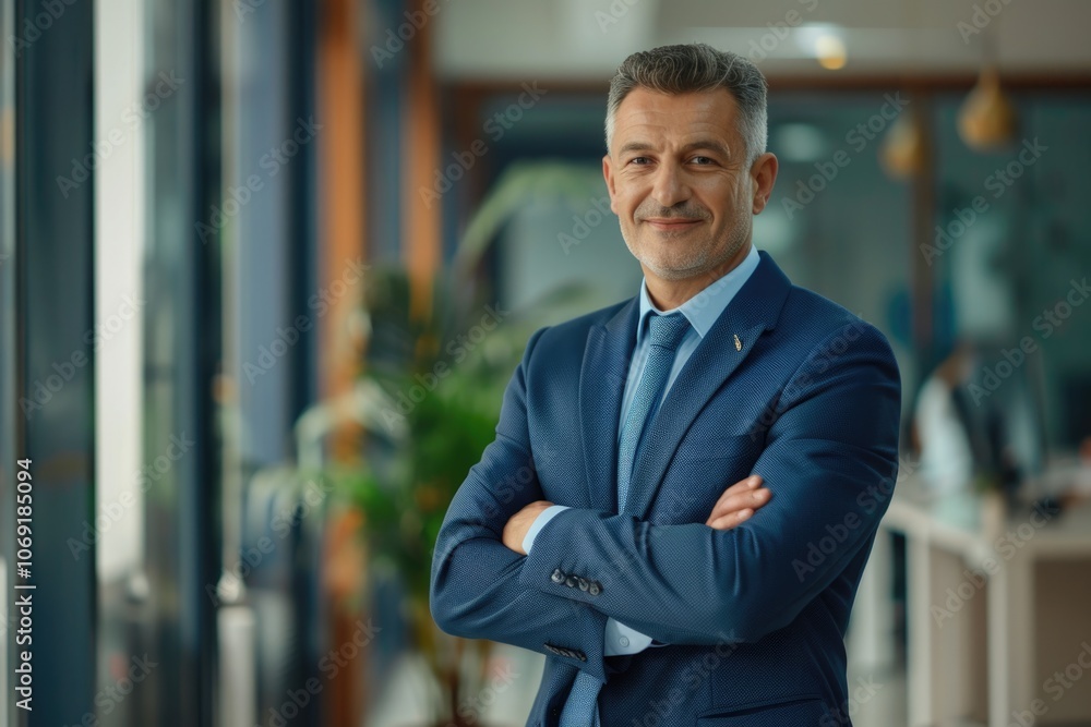 Confident mid aged CEO in office wearing blue suit. Confident mid aged CEO in office wearing blue suit.