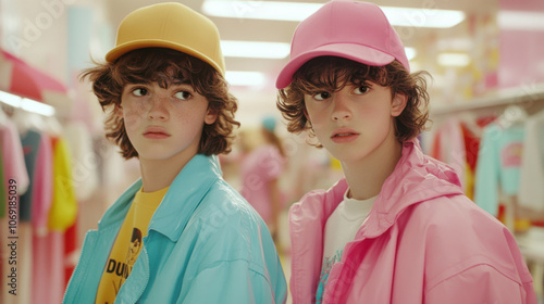 Fashionable Teenage Boy Twins in Colorful Streetwear Inside a Trendy Store. Generative ai photo