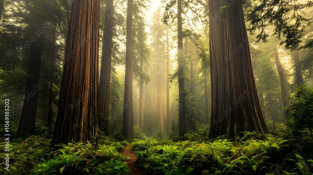 An ancient forest with towering redwoods, mist, and a lush understory. An ancient forest with towering redwoods, mist, and a lush understory.