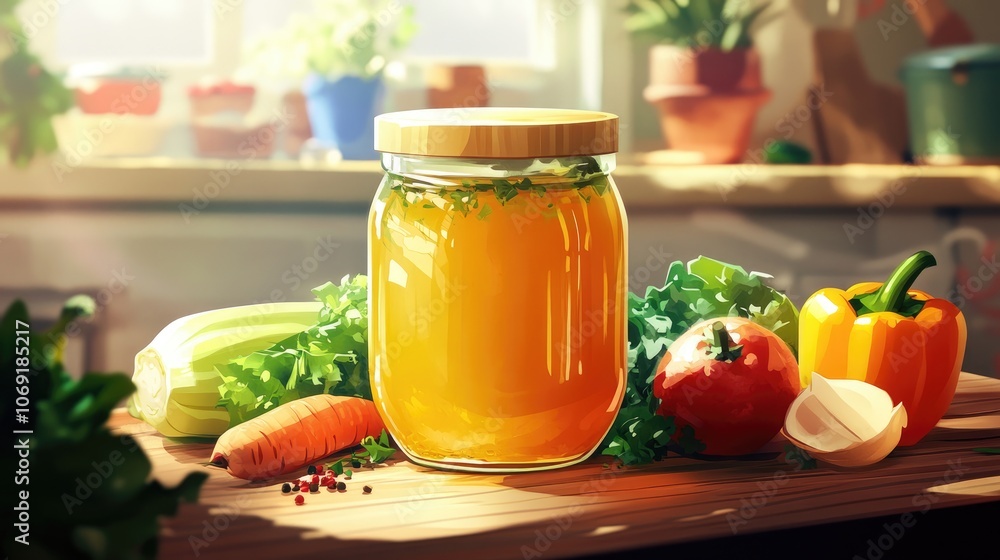 Beef bone broth in a glass jar surrounded by fresh vegetables on a rustic wooden table perfect for hearty meals Beef bone broth in a glass jar surrounded by fresh vegetables on a rustic wooden table perfect for hearty meals