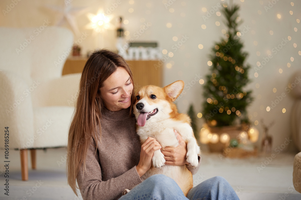 happy girl celebrating christmas with cute corgi dog in cozy house with decorated christmas tree happy girl celebrating christmas with cute corgi dog in cozy house with decorated christmas tree