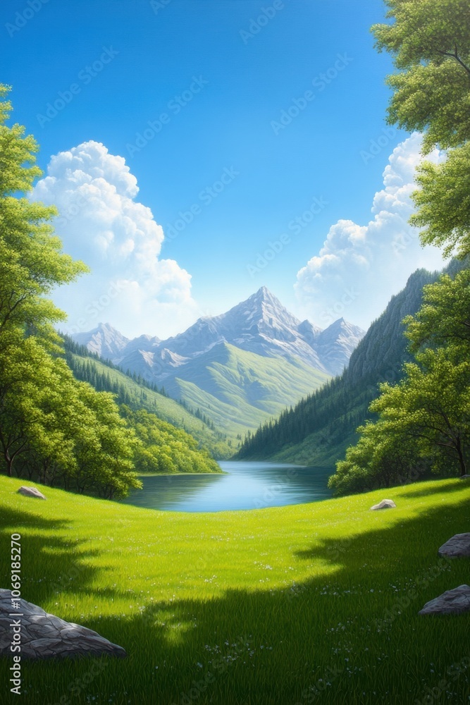 Serene mountain landscape with a tranquil lake and lush green meadow Serene mountain landscape with a tranquil lake and lush green meadow
