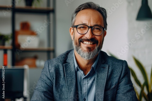 Happy bearded businessman in home office.