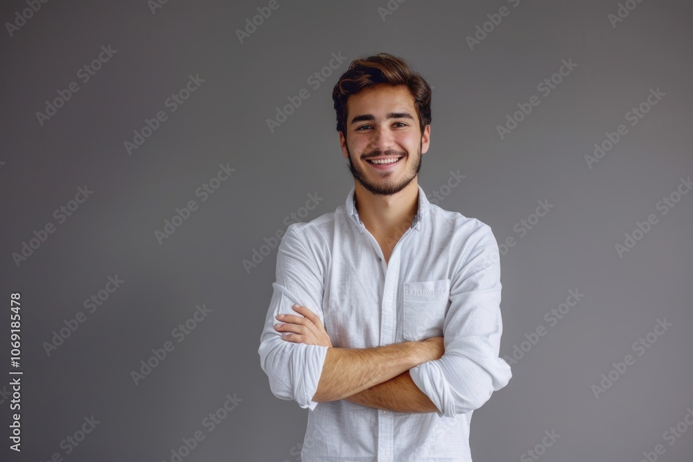 Portrait of happy young man in casual shirt smiling.