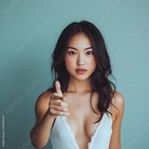 An Asian woman presenting and pointing, with a light blue background that emphasizes her beauty, confidence, and elegance photo