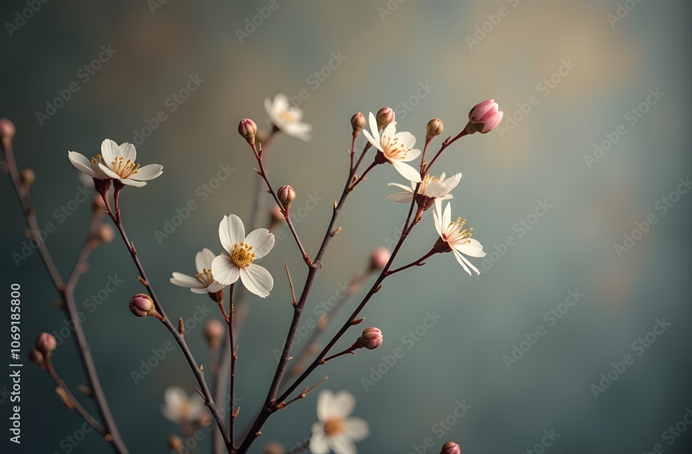 Delicate cherry blossom branches showcase clusters of white flowers and budding pink blooms, beautifully set against a soft, blurred background, indicative of spring's arrival Delicate cherry blossom branches showcase clusters of white flowers and budding pink blooms, beautifully set against a soft, blurred background, indicative of spring's arrival
