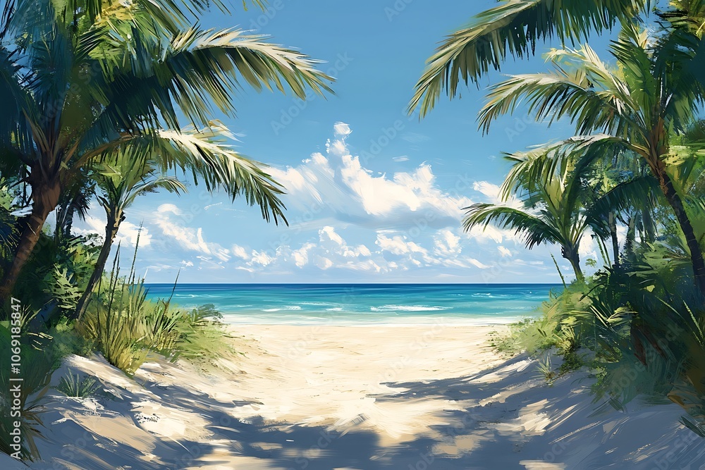 Tropical Paradise Palm Grove Overlooking Blue Ocean Beach Tropical Paradise Palm Grove Overlooking Blue Ocean Beach