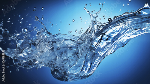 Clear splashing water on blue background. Photo of moving water drops. Concept of purity and nature. Water splash close-up photo