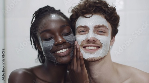 Joyful Skincare Routine: Diverse Multiracial Friends Having Fun with Face Masks. Generative ai