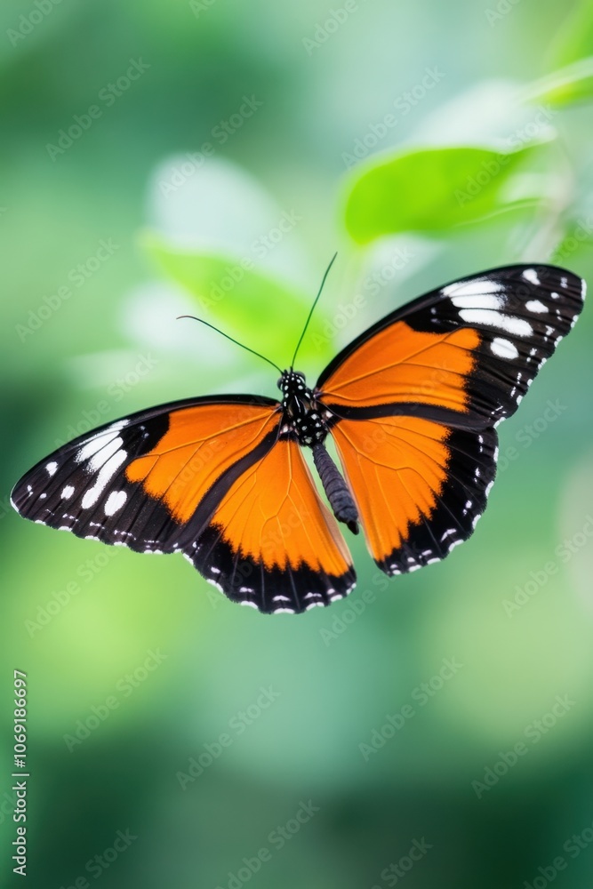 Vibrant orange and black butterfly resting on a green leaf Vibrant orange and black butterfly resting on a green leaf