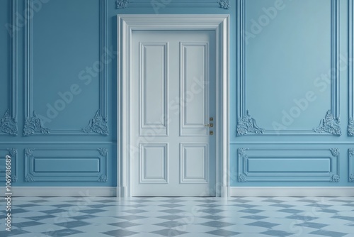 Elegant Interior with White Door and Blue Walls