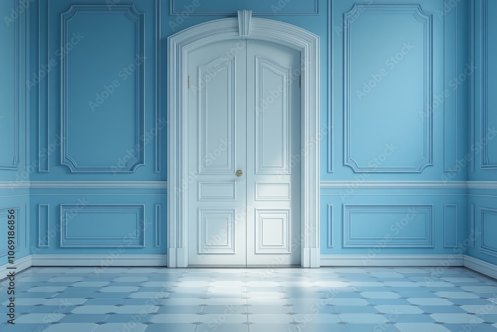 Elegant Blue Room with White Door and Ornate Molding Elegant Blue Room with White Door and Ornate Molding