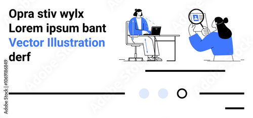 Office worker at desk with laptop, person holding device displaying connection symbol. Ideal for remote work, virtual meetings, business communication, technology, digital collaboration, modern