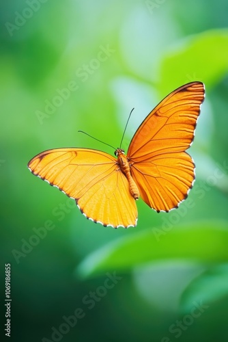 Vibrant orange butterfly with open wings against a blurred green background