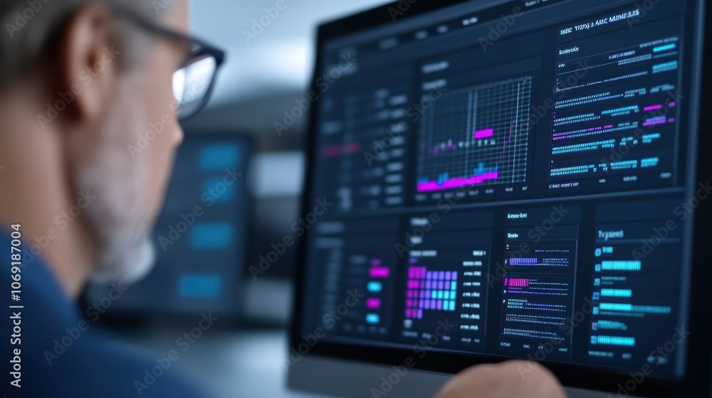 Fototapeta premium Man analyzing data on screen with charts and statistics in a dark room. Financial and technology analysis concept