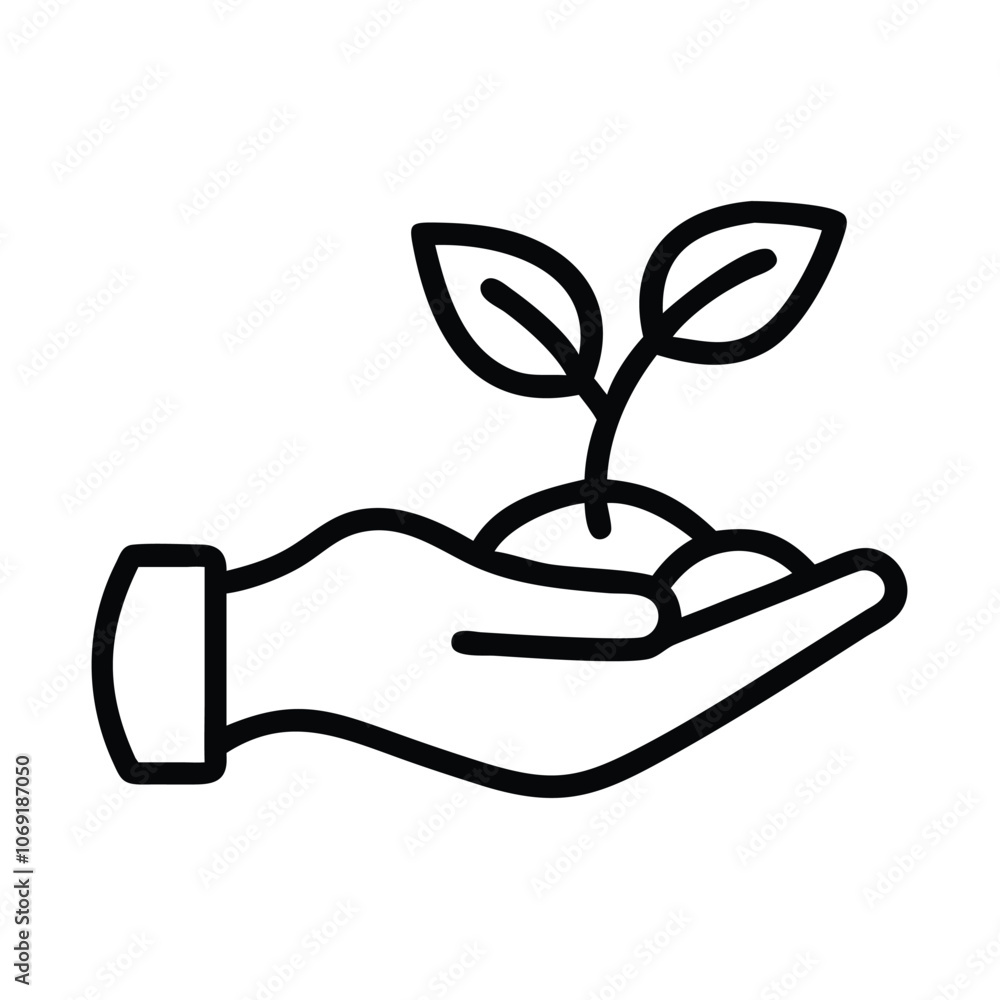 Outline Icon of Hand Holding Plant, Minimalist black outline icon of a hand holding a young plant, symbolizing growth, nurturing, and environmental responsibility, ideal for eco-friendly themes.
Outline Icon of Hand Holding Plant, Minimalist black outline icon of a hand holding a young plant, symbolizing growth, nurturing, and environmental responsibility, ideal for eco-friendly themes.