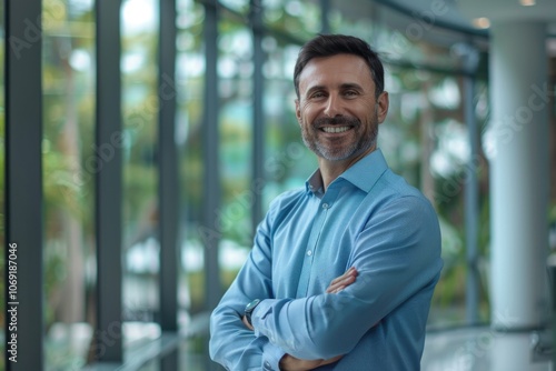 Portrait of smiling mid adult businessman standing at corporate office