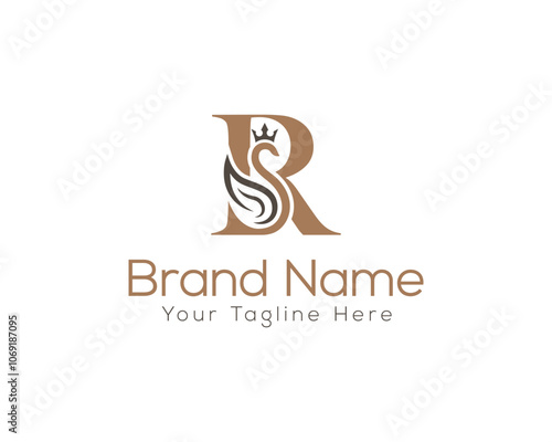 Swan Bird and  royal crown with letter R logo design. Bird luxury fashion brand and cosmetics vector logotype sign.