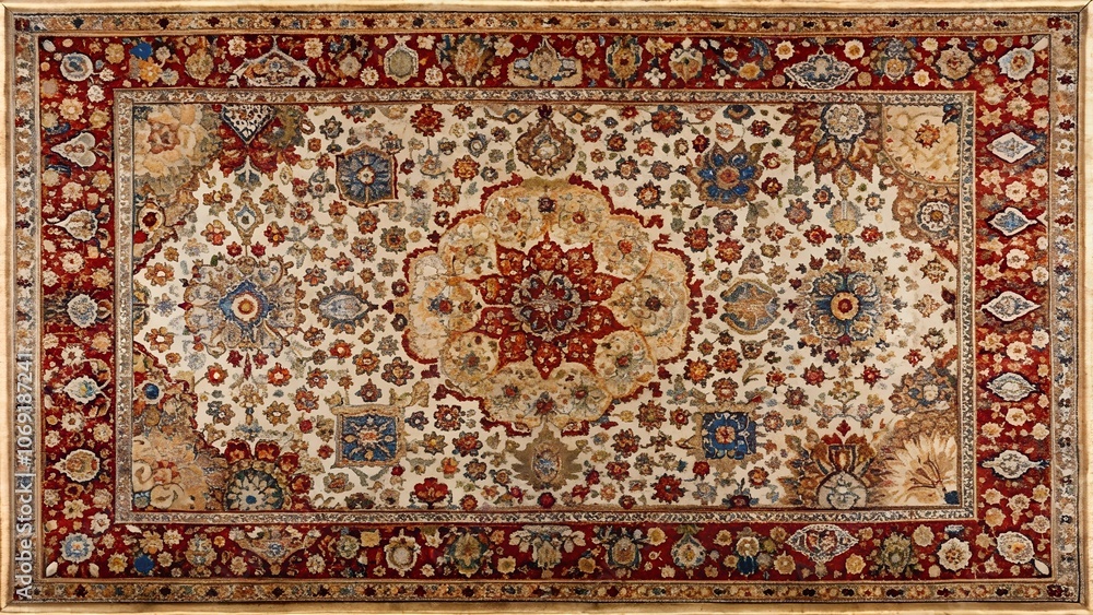 An intricately woven Persian silk rug with traditional designs. An intricately woven Persian silk rug with traditional designs.