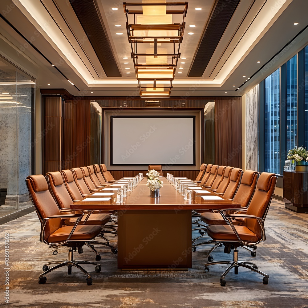An elegant boardroom featuring a long table, plush leather chairs, and a large screen for presentations, set up for a high-stakes meeting An elegant boardroom featuring a long table, plush leather chairs, and a large screen for presentations, set up for a high-stakes meeting