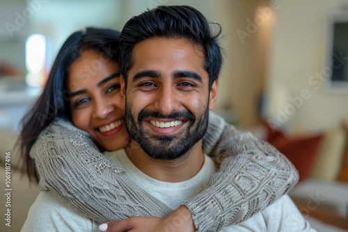 Ethnic couples enjoying time together on the couch.