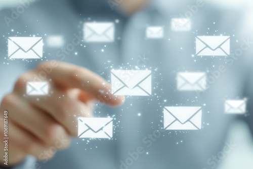 Person interacting with floating digital envelope icons symbolizing online messaging connection and modern communication technology with transparent visuals