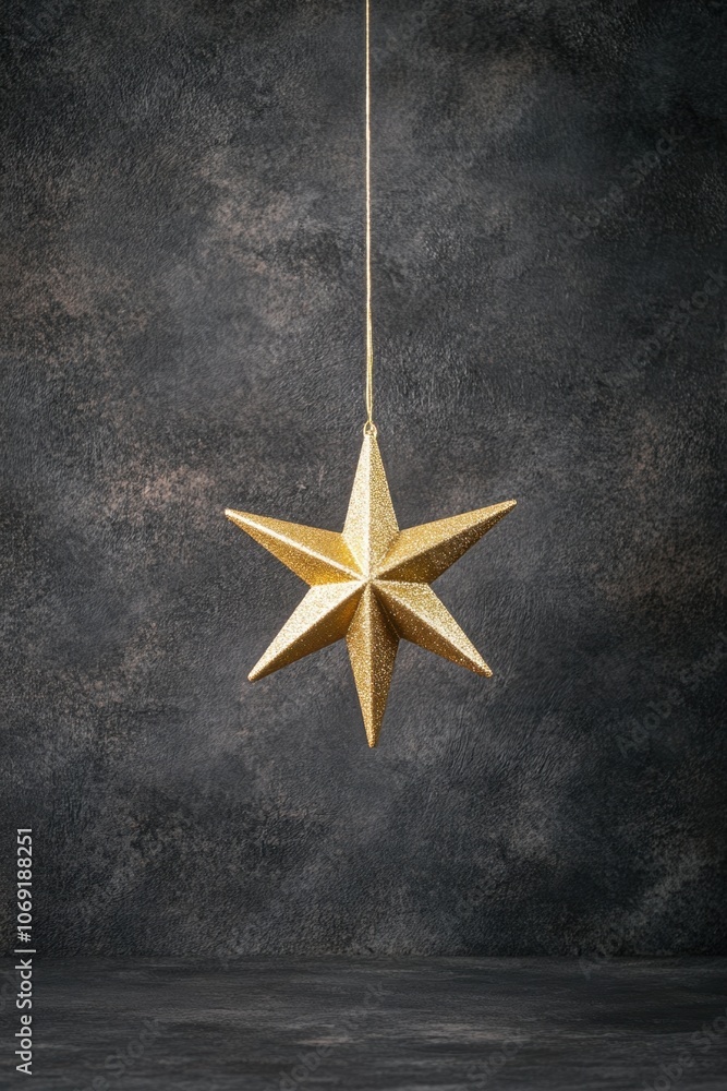 Shimmering golden star decoration hanging against a dark background Shimmering golden star decoration hanging against a dark background