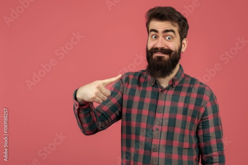 Young handsome man with beard over isolated background pointing to the side to present a product