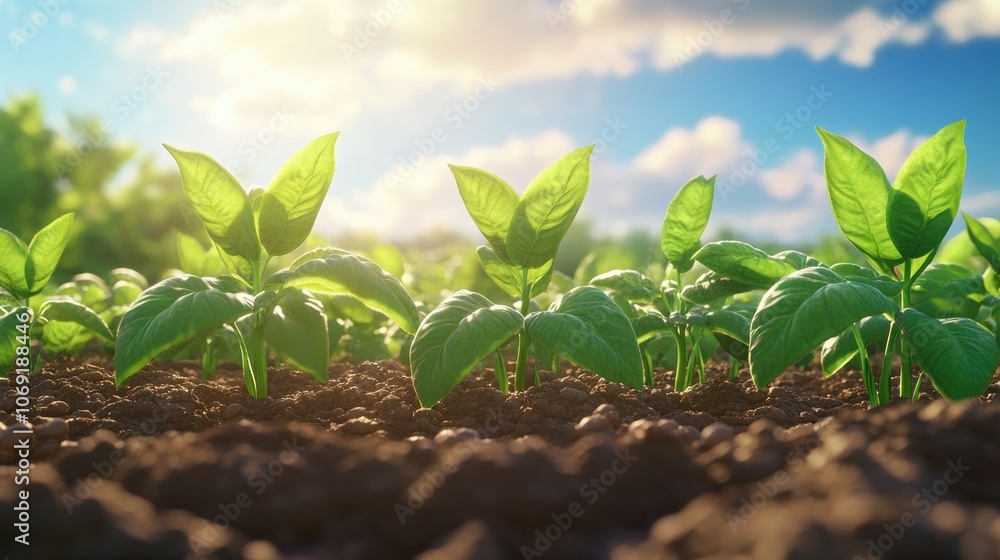 Close up of vibrant young soybean plants thriving in rich soil on an agricultural field showcasing the growth potential in agrarian business Close up of vibrant young soybean plants thriving in rich soil on an agricultural field showcasing the growth potential in agrarian business